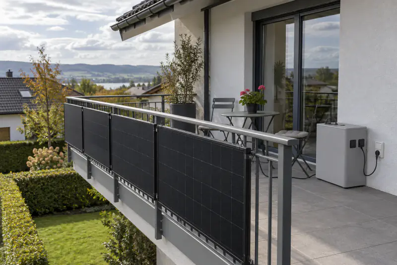 Beispiel: vier Solarmodule am Balkongeländer, daneben Sitzplatz und kompakter Speicher