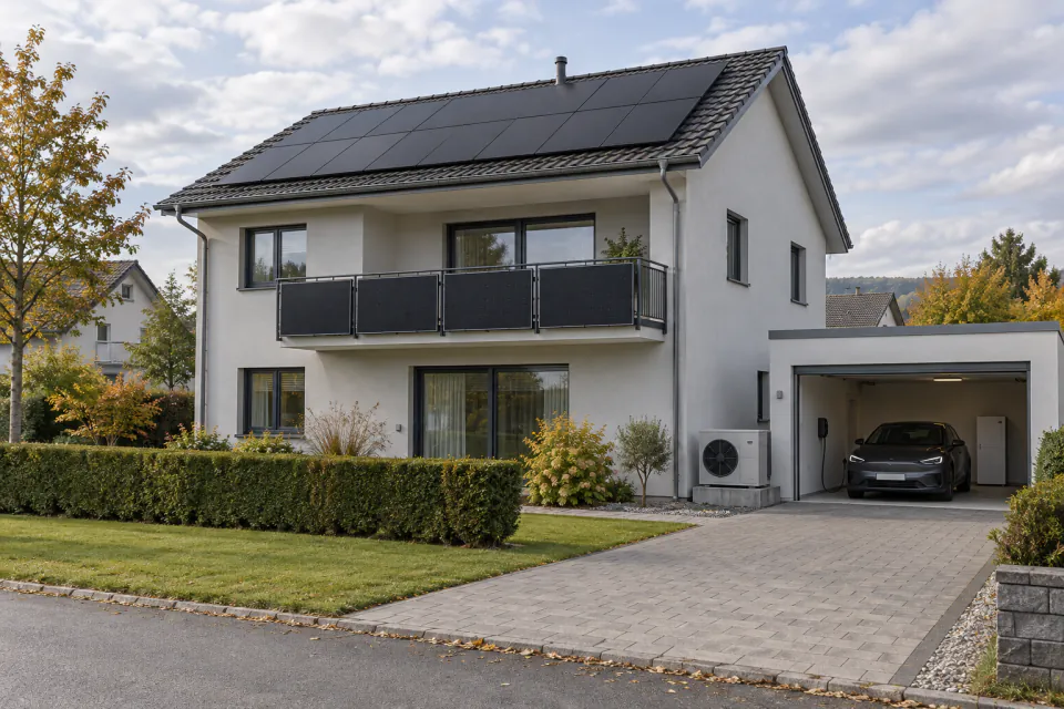 Einfamilienhaus mit Solarmodulen auf Dach und Balkon, Wärmepumpe neben der Garage und Auto darin