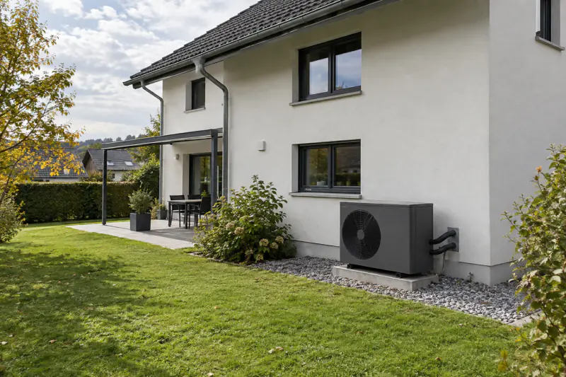 Wärmepumpe an der Hauswand neben Rasen und Sitzplatz